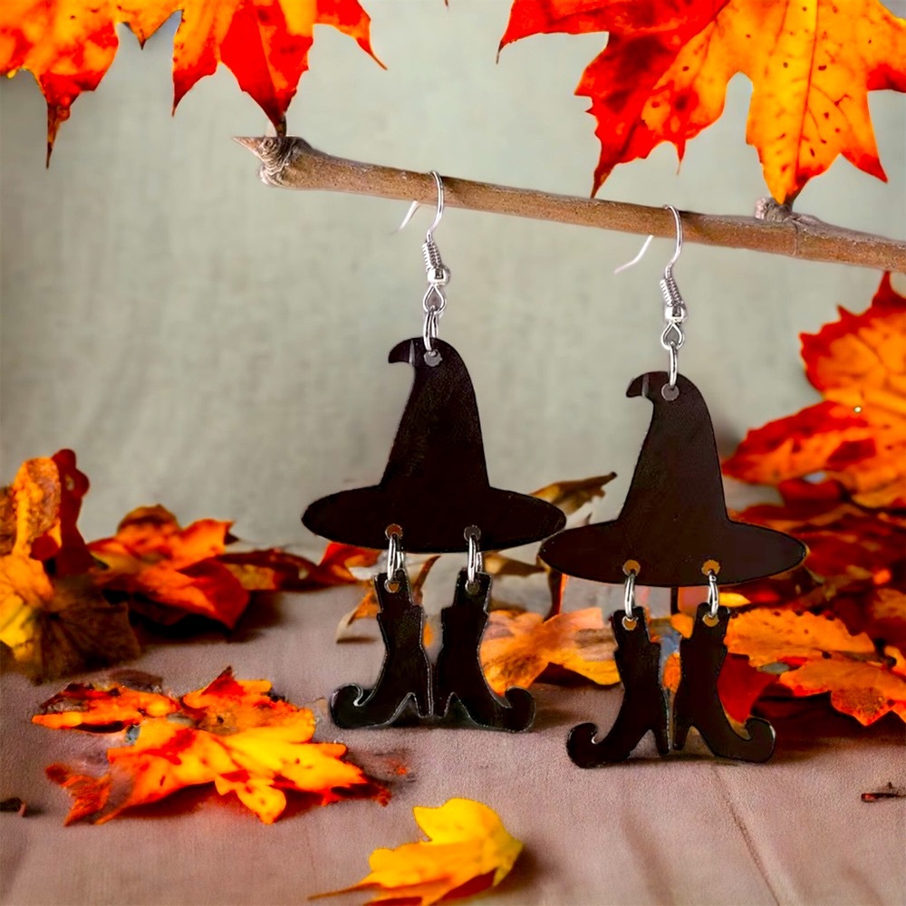 ‼️$7‼️Halloween Evil Witch's Hat Boots Design Black Dangle Earrings - Picture 5 of 7